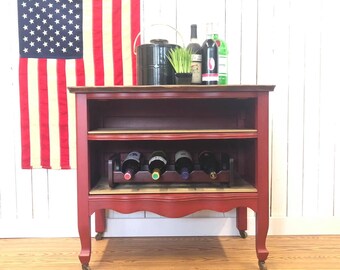 Upcycled Vintage Dresser with Display Shelves | Crimson Red Cabinet on Casters | Bar Cabinet, Bedside or End Table, Office Storage Console,