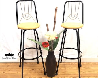 Vintage Mid Century Metal Bar Stools, Swivel Wood Seats, Set of 2