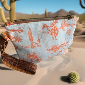 Bolso de mano con cremallera de lona, de cuero, estilo vaquero, estilo vaquera, estilo occidental, con material divertido