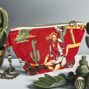 Bolso de mano tipo sobre de piel con diseño de vaquero, vaquera, caballo, cremallera, material divertido, toile, retro