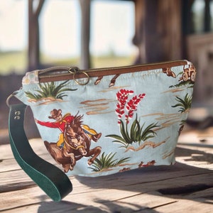 Bolso de mano estilo vaquero, estilo vaquera, estilo western, de cuero y algodón, para teléfono, con dibujos animados