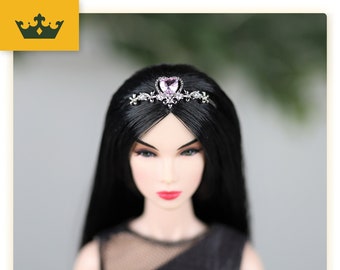 Doll Crown - Tiara for Barbie, Poppy Parker, Fashion Royalty Jewelry, NU Face, Silkstone Barbie, Doll Accessories - SILVER PINK Heart