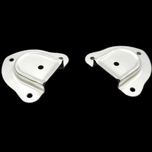 May include: Two shiny, silver-colored metal brackets with a curved design and three mounting holes each. The brackets are set against a black background, highlighting their shape and metallic finish.