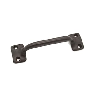 May include: Black metal cabinet pull with a rectangular shape and a curved handle.
