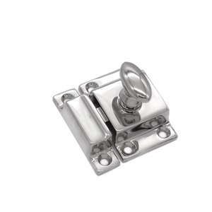 May include: A polished chrome cabinet latch with a round knob. The latch has a square base with four screw holes.
