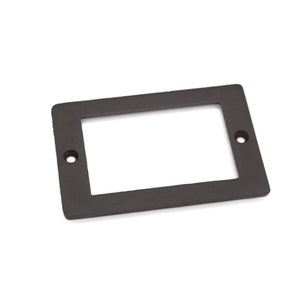 May include: A rectangular, dark brown frame with a central opening and two small holes. The frame is made of a solid material and is set against a white background. The design is simple and functional.