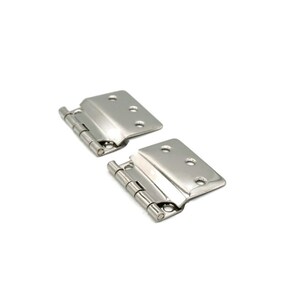May include: Two silver door hinges with a rounded edge and four holes on each hinge.