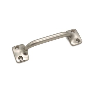 May include: A silver cabinet pull with a curved handle and square ends. The pull has two screw holes on each end.