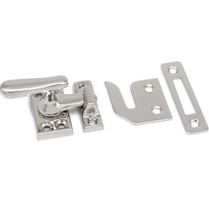 May include: Silver window latch with a lever handle and a hook. The latch has a rectangular plate with four screw holes. The hook has a rectangular plate with two screw holes.