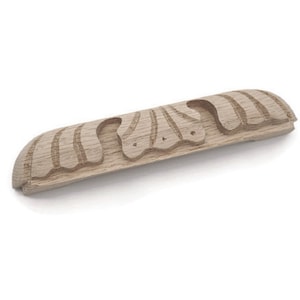 May include: A wooden decorative trim with a carved design. The trim is light brown and has a smooth finish.
