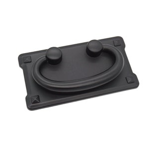 May include: Black metal drawer pull with a rectangular base and a rounded, arched handle.