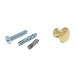 May include: An assortment of hardware components, including screws and a brass cabinet knob, are displayed against a white background. The screws vary in size and finish, while the knob has a polished, golden appearance. These items are suitable for furniture and home improvement projects.