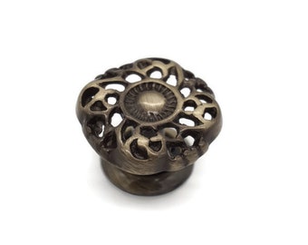 Antique Furniture Knob DRAWER KNOBS Antique Drawer Knob Victorian Furniture Knob Solid Brass, Antique Finish 1 1/2" Diameter 1" Projection