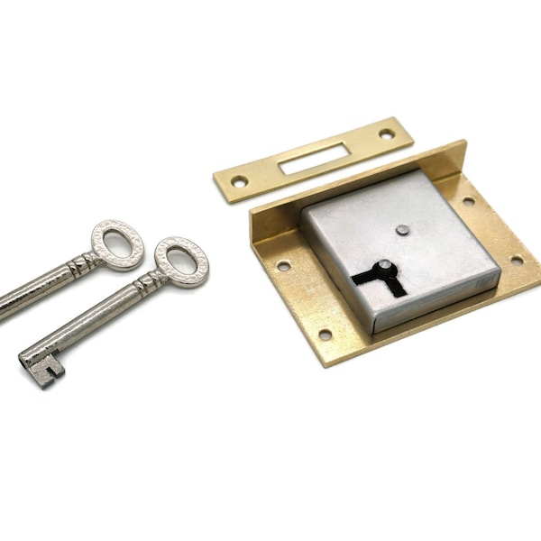FURNITURE LOCK Antique Half Mortise Furniture Cabinet Lock For Drawers and Right-Hand Doors Solid Brass 2 Keys, Brass Strike Plate DTP 1-1/4