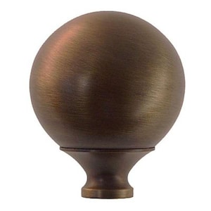 May include: A bronze-colored, spherical curtain rod finial with a brushed metal finish. The finial has a rounded base and a decorative, bulbous shape, suitable for window treatments. The metal has a warm, antique appearance.