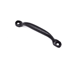 May include: Black cast iron drawer pull with rounded edges and two holes for mounting.