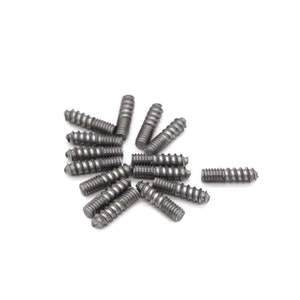 May include: A close-up of a group of silver metal screws with a threaded design. The screws are arranged in a circular pattern on a white background.