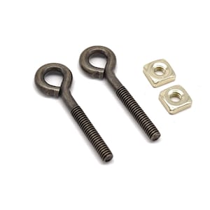 May include: Two antique bronze eyelet screws with square nuts. The screws have a threaded shaft and a loop at the top. The nuts are made of brass.