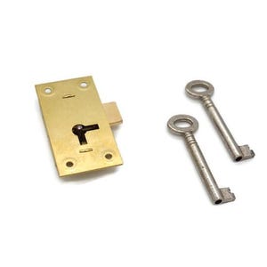 May include: A brass-colored rectangular lock with a keyhole and two silver keys. The lock has four screw holes and a small latch. The keys have a circular top and a rectangular bit.