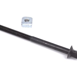 May include: A black metal screw with a square nut. The screw has a threaded shaft and a hexagonal head. The nut is silver and has a square shape.