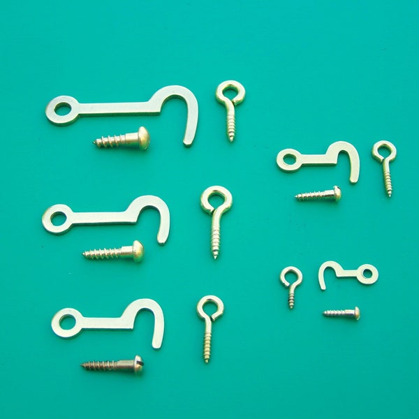 Small Hook Antique Style Small Brass Hook Box Hook And Eye All Solid Brass - 6 Sizes: 3/4"; 1"; 1-1/4"; 1-1/2"; 2"; Can Be Used Outdoors