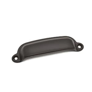May include: Black metal cabinet pull with a rounded rectangular shape and two small holes for mounting.
