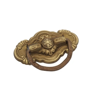 May include: A gold-toned ornate cabinet pull with a decorative floral design and a brown loop handle.