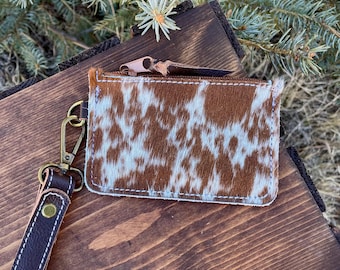 Braune und weiße Rindsleder Schlüsselanhänger Karte Brieftasche mit Reißverschluss, Weihnachtsgeschenke für Sie, 33
