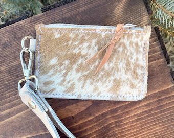 Tan and White Cowhide Wallet, Zippered Coin Pouch, Christmas Gifts For Her, Western Card Holder, Keychain Card Wallet, Hair on Hide, 23