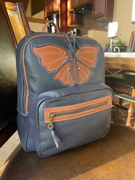 Navy Blue Leather Purse, Girls School Backpack With  display picture 3