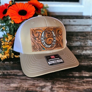 Leather Trucker Hat, Horseshoes, Tooled Leather, Horseshoes, Leather Patch Hat,Cowgirl Ball Caps, Neutral Baseball Hat, Horses, Cowgirl Hats