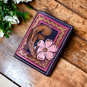 Carteras de mujer, Cartera de cuero repujado, Tarjetero, Carteras pequeñas, Monedero occidental, Cartera floral, Cartera pequeña rosa, Clip para billetes
