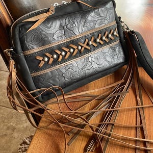 READY TO SHIP, Leather Crossbody Purse With Fringe, Anniversary Gift For Her, Floral Embossed Sling Bag, Luxury Concert and Arena Bags