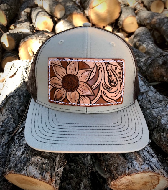 Neutral Sunflower Trucker Hat, Leather Patch Hats, Custom