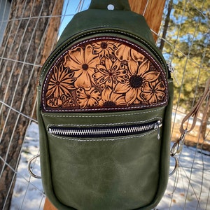 Tooled Leather Olive Green Sling Bag, Wild Flower Western Sling, Neutral Army Green Cross Body Sling Purse, Sunflower Country Cowgirl Gifts