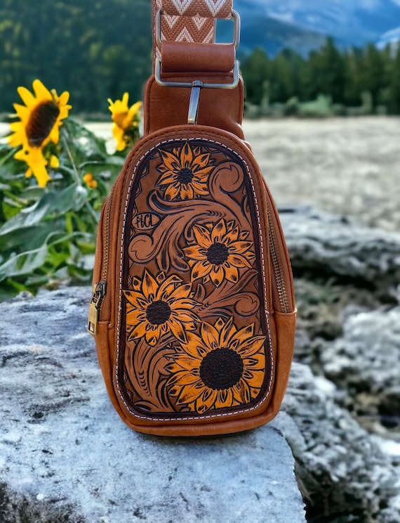 Sunflower Sling Bag Leather Tooled Sunflowers Western Purses Neutral Backpack Small Crossbody Purse Custom Leather Tooling Mama Gifts Etsy