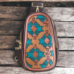 Native Sling Bag, Western Back Pack, Turquoise Aztec Sling Bag, Southwestern Shoulder Bag, Gifts For Mom, Cowgirl Purses, Tooled Leather Bag