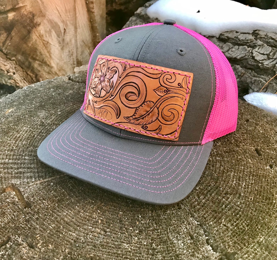 Hot Pink Trucker Hat With Tooled Leather Patch Leather Patch Etsy