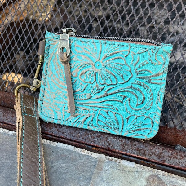 Turquoise Tooled Leather Lanyard Wallet, Zippered Coin Pouch, Keychain ID Holder, Western Style Card Holder, 21
