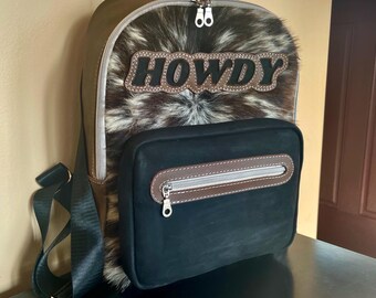 Westernrucksack mit Rindsleder, neutrale Wickeltaschen, Geschenkideen für Cowgirls, Tasche mit der Aufschrift Howdy, echtes Leder, Büchertasche für Mädchen, Rodeo