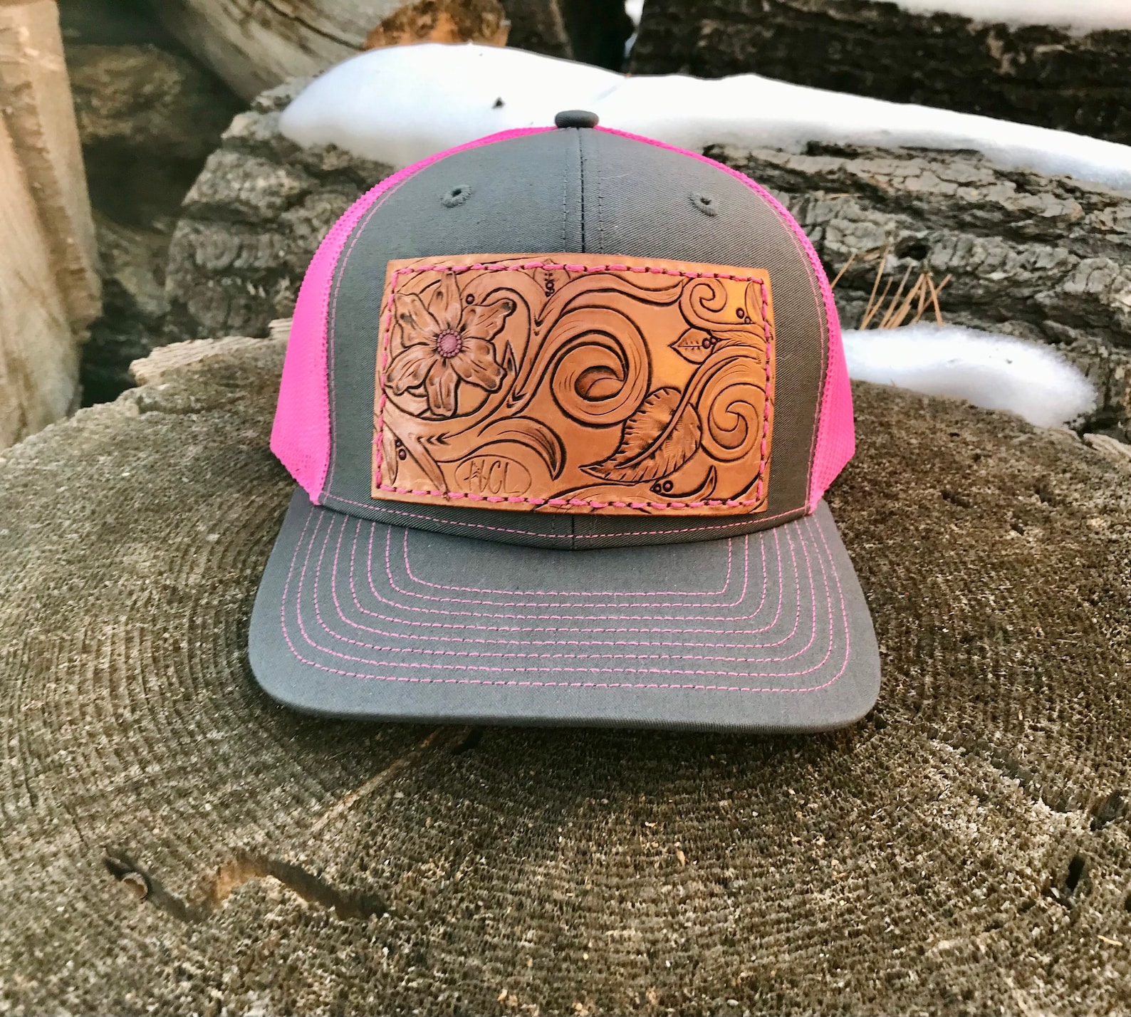 Hot Pink Trucker Hat With Tooled Leather Patch Leather Patch Etsy