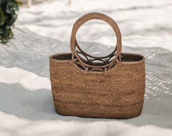 Rattan Woven Bali Bag, Rattan Basket, Beach HandBag, Wicker Woven Purse, Top Handle Rattan Bag, Eco bag, Handwoven Rattan Basket, Bali Bag