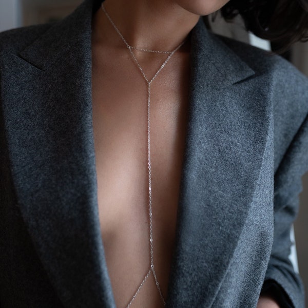 Fine Body Chain, Sterling Silver Body Jewelry, Geometrical Harness, Bralette, Triangular Jewelry, Festival Body Chain, Minimalist Body Chain