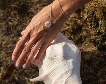 Pearl Hand Chain Bracelet: Sterling Silver Minimalist Boho Jewelry (Silver or 24K Gold Plated)