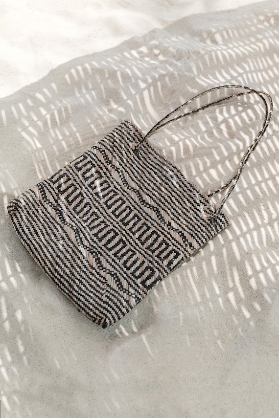 Handwoven Rattan Tote, Tribal Ikat Pattern Bali Bag