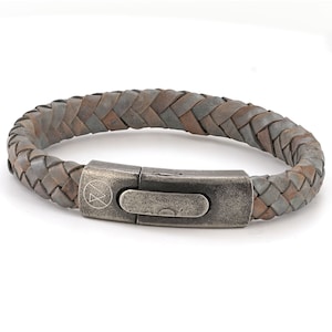 Atrophy Grey ROXCS branded Secret Message Leather Bracelet for men, & a Vintage style Front Button Steel Clasp. From the &quot;Dirty Vegas&quot; range