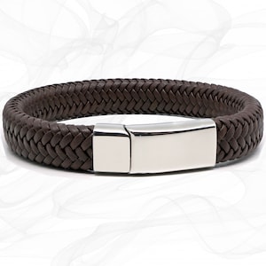 Brown Braided Premium Soft Waterproof Leather Bracelet and Gift Pouch For Men or boys - Sliding Steel Magnetic clasp - by Roxcs - TN003