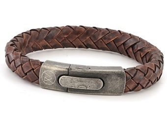 Vintage Brown ROXCS branded Secret Message Leather Bracelet for men, & a Vintage Front Button Steel Clasp. From the "Dirty Vegas" range