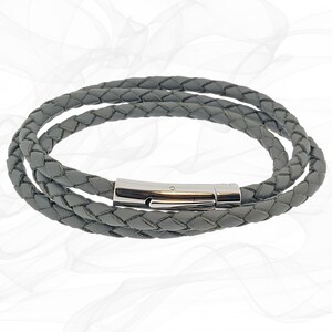Grey 4mm Bolo Leather Triple Wrap around Bracelet for Men or Women and Gift Pouch - by Roxcs - AL005