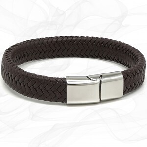 May include: A brown leather bracelet with a braided design and a silver metal clasp.